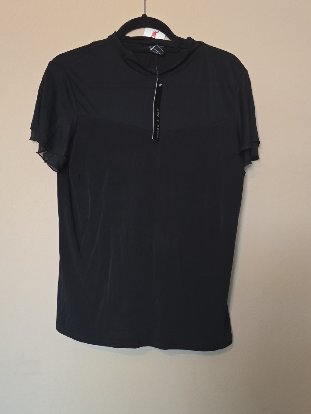 Black Sheer Yoke Short Sleeve Top Large
